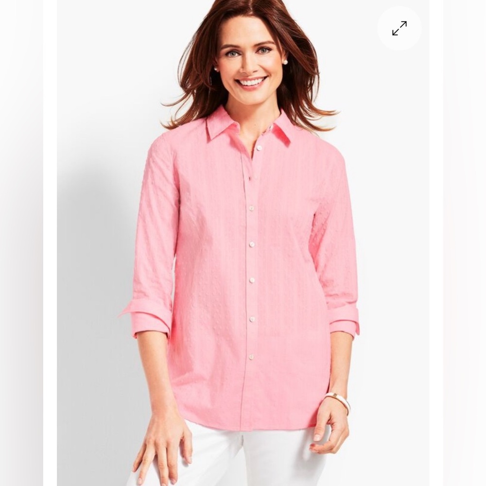 Talbots Bubblegum Pink Swiss Dots Botton Down Long Sleeve Shirt. Women L